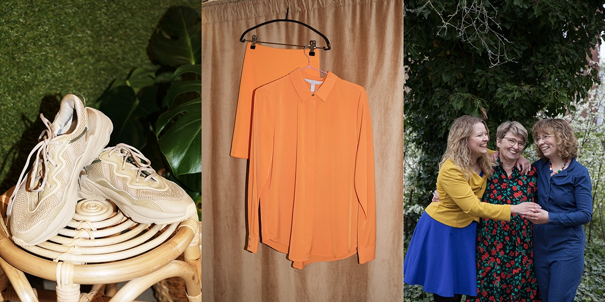Sneakers, farverigt secondhand-tøj og fællesskab Beige sneakers, orange secondhand-sæt og et gruppebillede af tre kvinder i farverigt tøj.